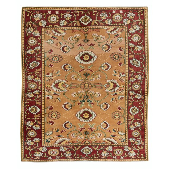 Mid-Century Turkish Wool Rug, One of a Kind Hand Knotted Carpet with Floral Design 