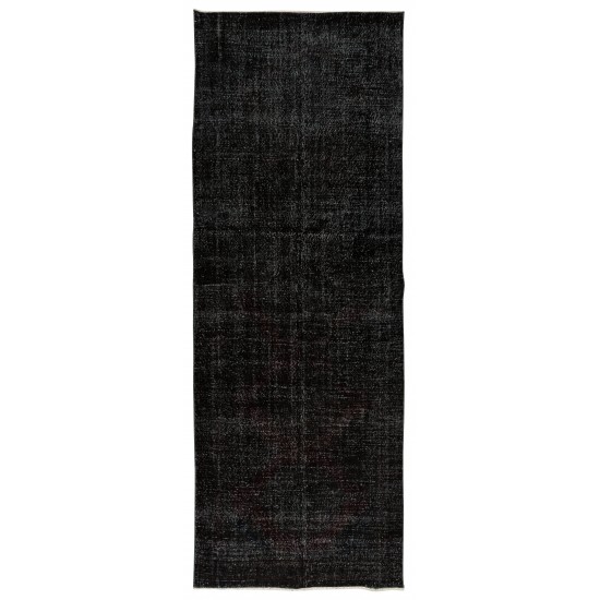 Mid-Century Handmade Turkish Wool Runner Rug Over-Dyed in Black, Ideal for Hallway Decor
