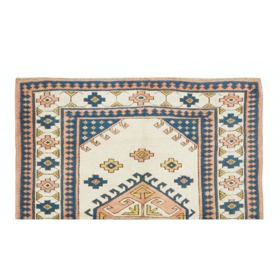 Vintage Anatolian Wool Rug, One of a Kind Hand Knotted Carpet with Geometric Design 