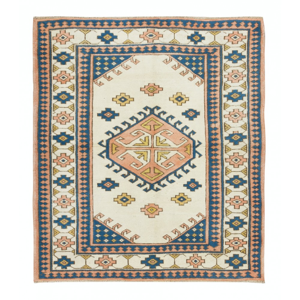 Hand Knotted Turkish Carpet with Geometric Design, 100% Wool Rug