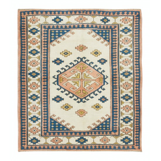 Vintage Anatolian Wool Rug, One of a Kind Hand Knotted Carpet with Geometric Design 