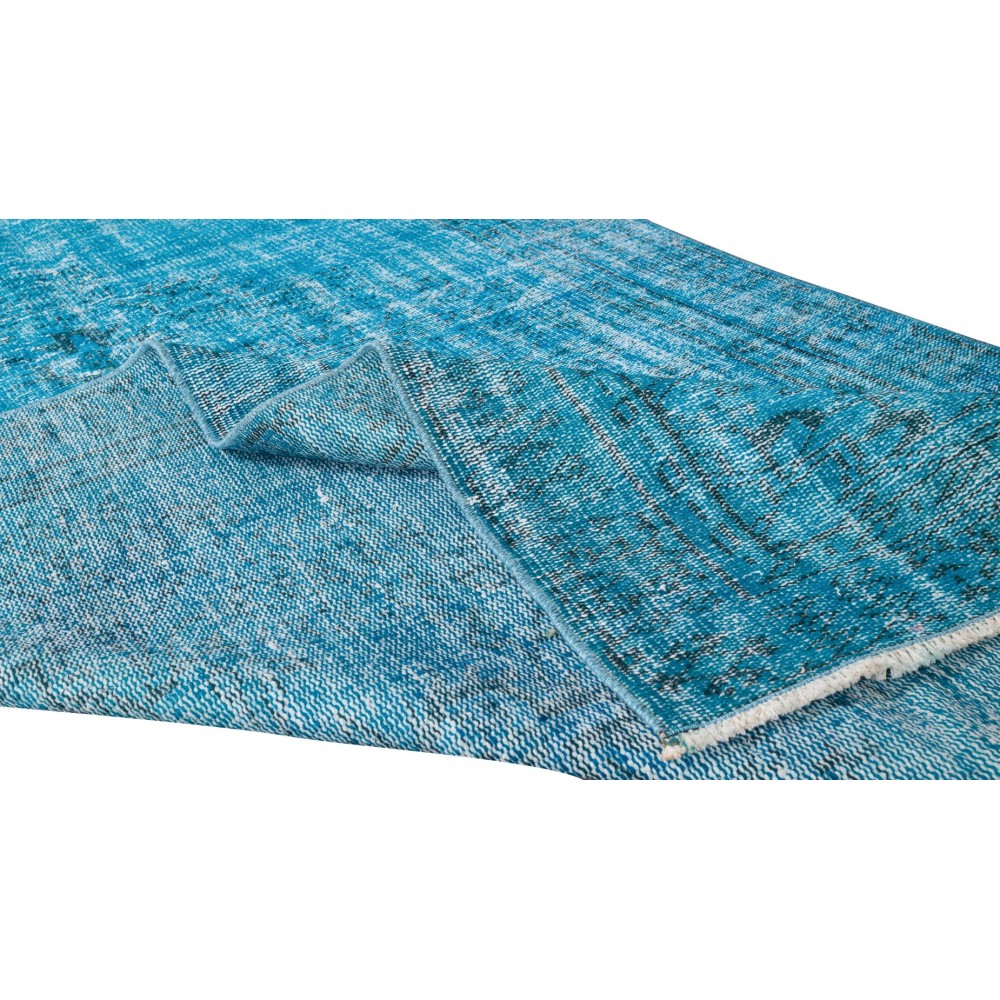 Vintage Handmade Turkish Rug Over-Dyed in Teal Blue for Contemporary Interiors