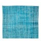 Vintage Handmade Turkish Rug Over-Dyed in Teal Blue for Contemporary Interiors