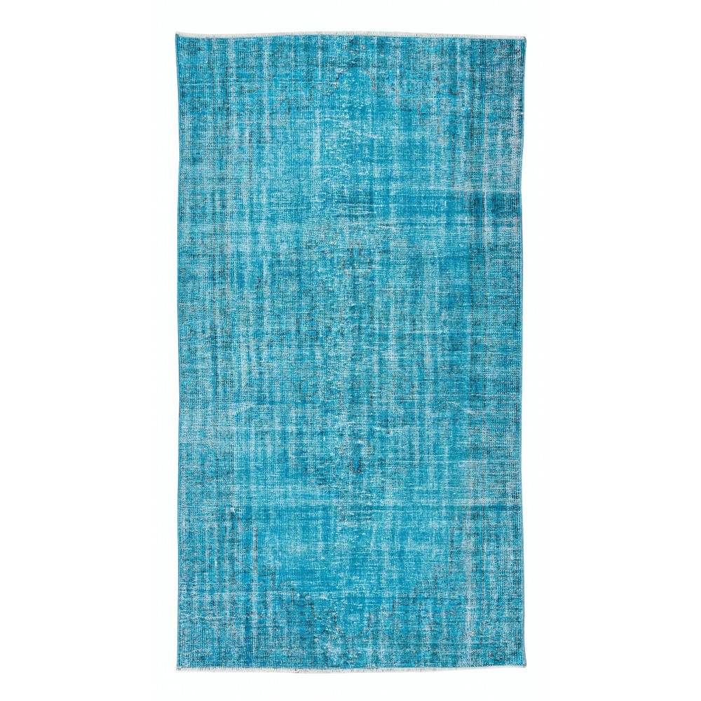 Vintage Handmade Turkish Rug Over-Dyed in Teal Blue for Contemporary Interiors