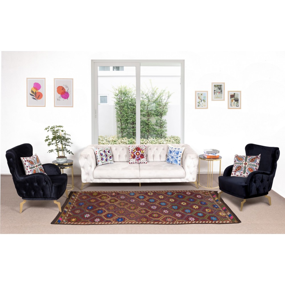 Vintage Turkish Jajim Kilim Rug, One of a Kind Hand-Woven Carpet Made of Wool