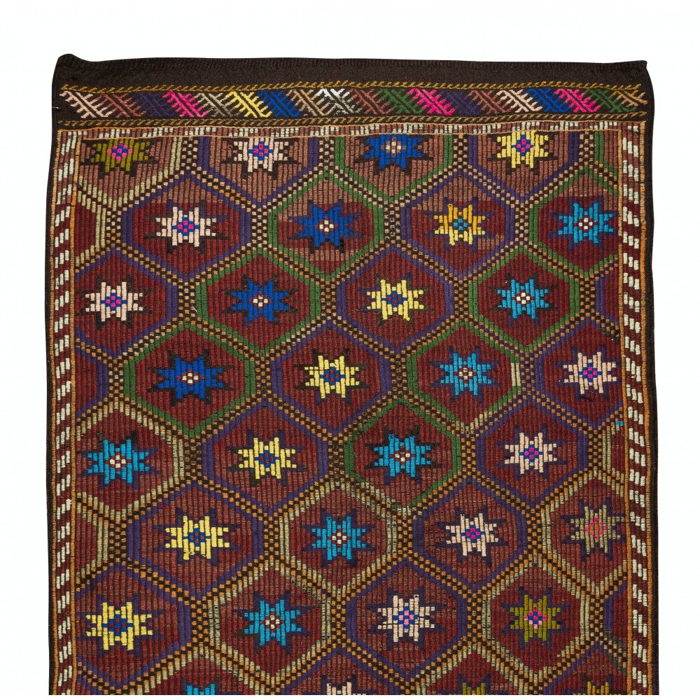 Vintage Turkish Jajim Kilim Rug, One of a Kind Hand-Woven Carpet Made of Wool