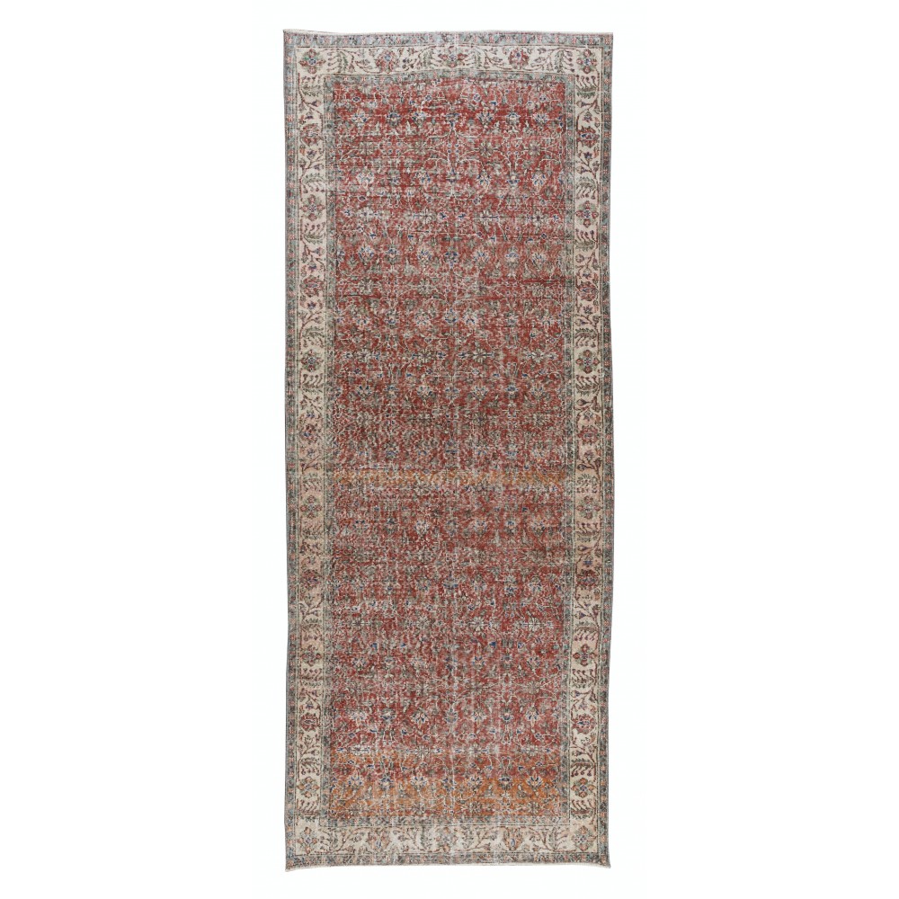 Turkish Floral Pattern Wool Runner. Vintage Hand Knotted Rug for Hallway Decor