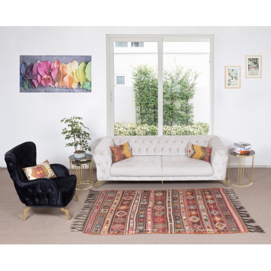 Colorful Hand-woven Turkish Kilim with Cabin Style, Flat-weave Wool Rug