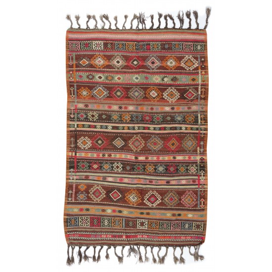 Colorful Hand-woven Turkish Kilim with Cabin Style, Flat-weave Wool Rug