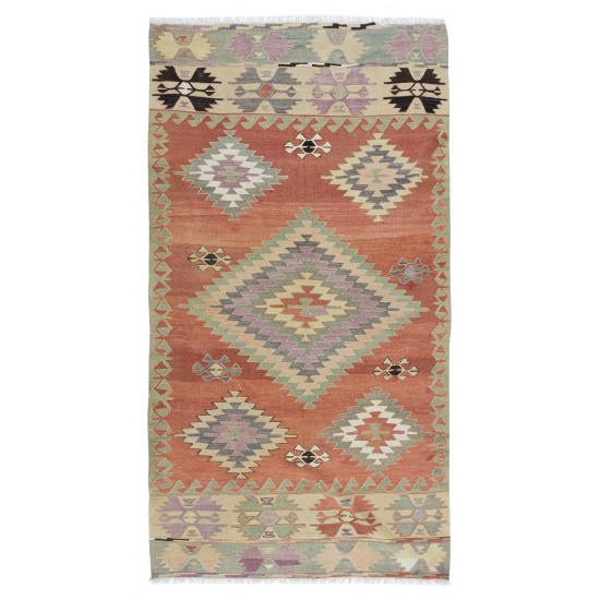 Colorful Geometric Hand Woven Turkish Kilim, Flat-weave Wool Rug