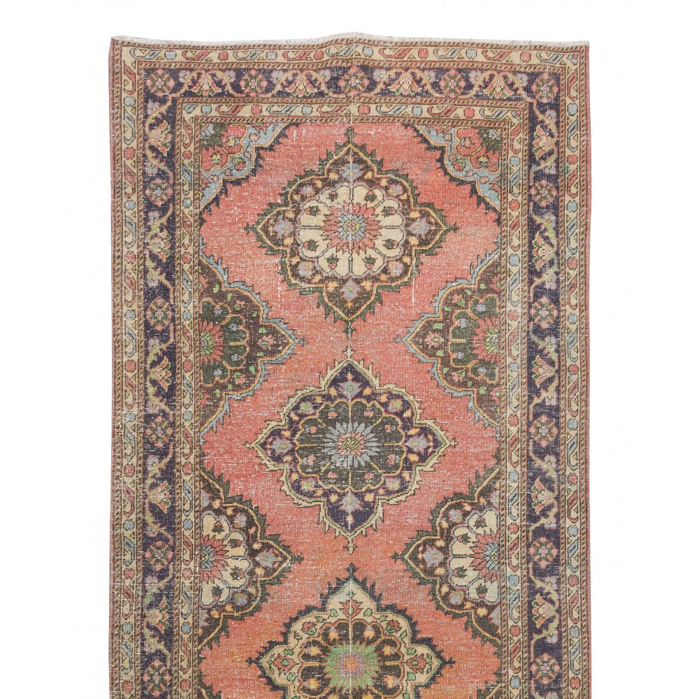 Traditional Hand Knotted Turkish Wool Runner. Vintage Geometric Pattern Rug for Hallway