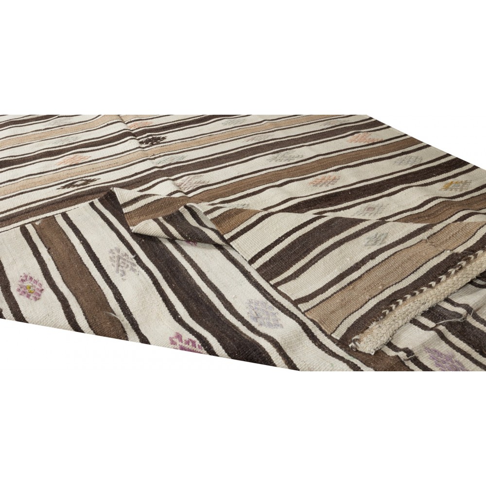 Vintage Hand-Woven Turkish Runner Kilim with Striped Design, Flat-weave Rug