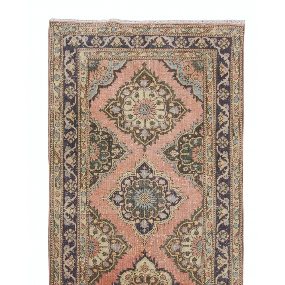 Traditional Hand Knotted Turkish Wool Runner. Vintage Geometric Pattern Rug for Hallway