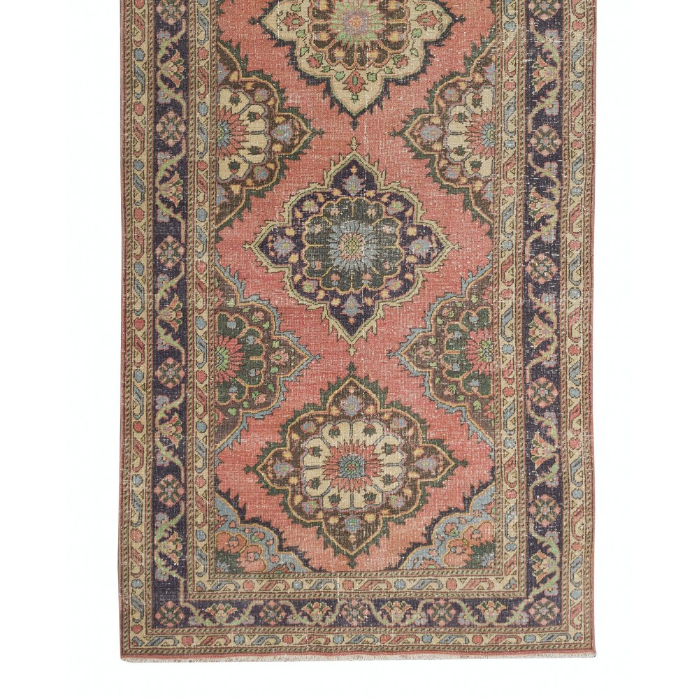 Traditional Hand Knotted Turkish Wool Runner. Vintage Geometric Pattern Rug for Hallway