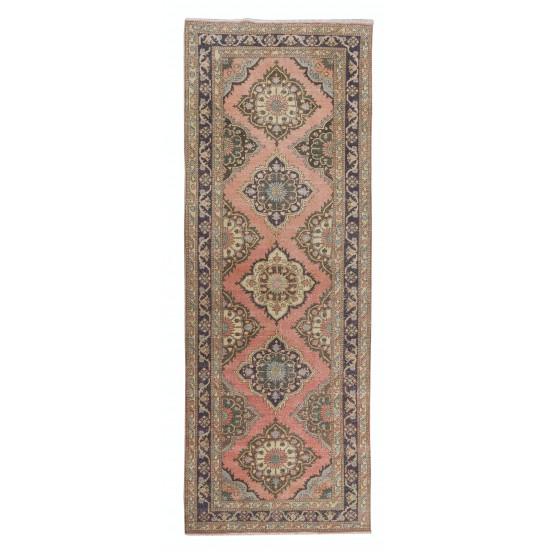 Traditional Hand Knotted Turkish Wool Runner. Vintage Geometric Pattern Rug for Hallway