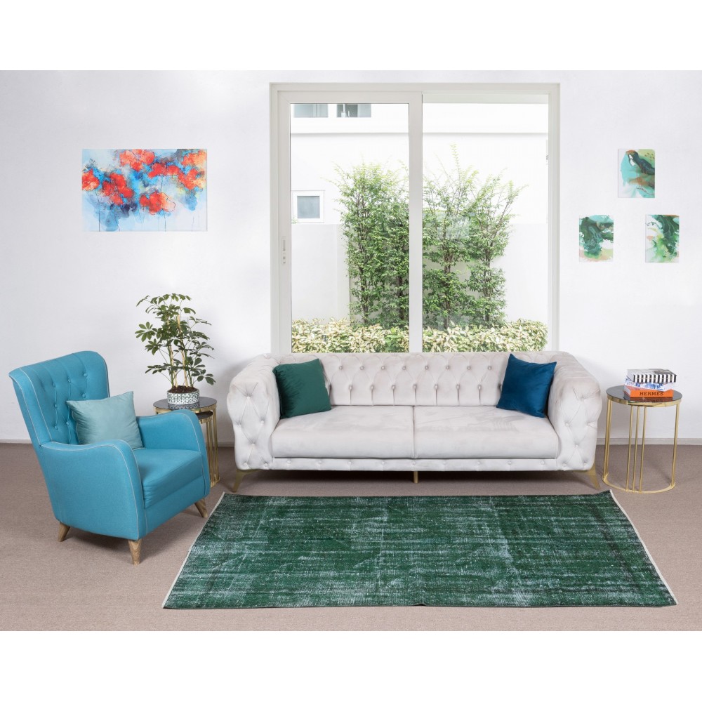 Distressed Vintage Hand Knotted Turkish Rug Over-Dyed in Green for Contemporary Home & Office