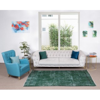 Distressed Vintage Hand Knotted Turkish Rug Over-Dyed in Green for Contemporary Home & Office Distressed Vintage Hand Knotted Turkish Rug Over-Dyed in Green for Contemporary Home & Office