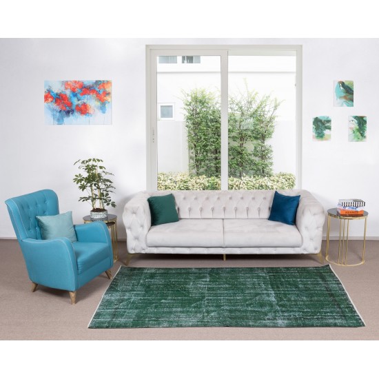 Distressed Vintage Hand Knotted Turkish Rug Over-Dyed in Green for Contemporary Home & Office Distressed Vintage Hand Knotted Turkish Rug Over-Dyed in Green for Contemporary Home & Office