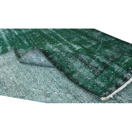 Distressed Vintage Hand Knotted Turkish Rug Over-Dyed in Green for Contemporary Home & Office