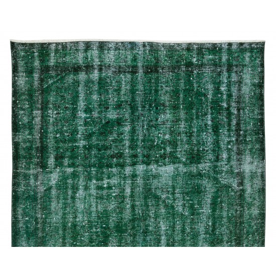 Distressed Vintage Hand Knotted Turkish Rug Over-Dyed in Green for Contemporary Home & Office Distressed Vintage Hand Knotted Turkish Rug Over-Dyed in Green for Contemporary Home & Office
