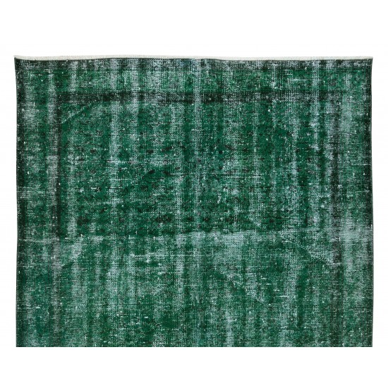 Distressed Vintage Hand Knotted Turkish Rug Over-Dyed in Green for Contemporary Home & Office