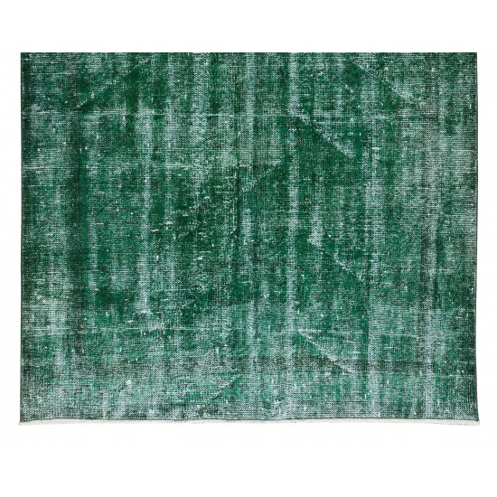 Distressed Vintage Hand Knotted Turkish Rug Over-Dyed in Green for Contemporary Home & Office Distressed Vintage Hand Knotted Turkish Rug Over-Dyed in Green for Contemporary Home & Office