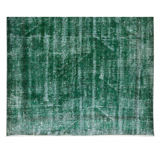 Distressed Vintage Hand Knotted Turkish Rug Over-Dyed in Green for Contemporary Home & Office