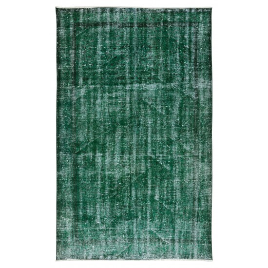 Distressed Vintage Hand Knotted Turkish Rug Over-Dyed in Green for Contemporary Home & Office