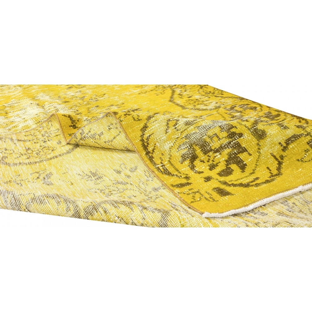 Vintage Turkish Wool Rug Over-Dyed in Yellow, Handmade Yellow Carpet for Modern Home & Office Decor