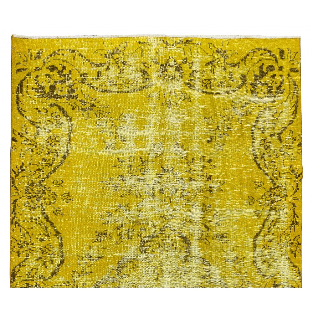 Vintage Turkish Wool Rug Over-Dyed in Yellow, Handmade Yellow Carpet for Modern Home & Office Decor