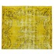 Vintage Turkish Wool Rug Over-Dyed in Yellow, Handmade Yellow Carpet for Modern Home & Office Decor