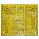 Vintage Turkish Wool Rug Over-Dyed in Yellow, Handmade Yellow Carpet for Modern Home & Office Decor