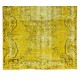 Vintage Turkish Wool Rug Over-Dyed in Yellow, Handmade Yellow Carpet for Modern Home & Office Decor