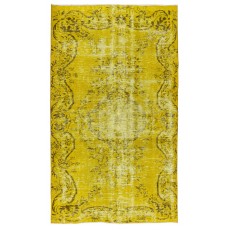 Vintage Turkish Wool Rug Over-Dyed in Yellow, Handmade Yellow Carpet for Modern Home & Office Decor