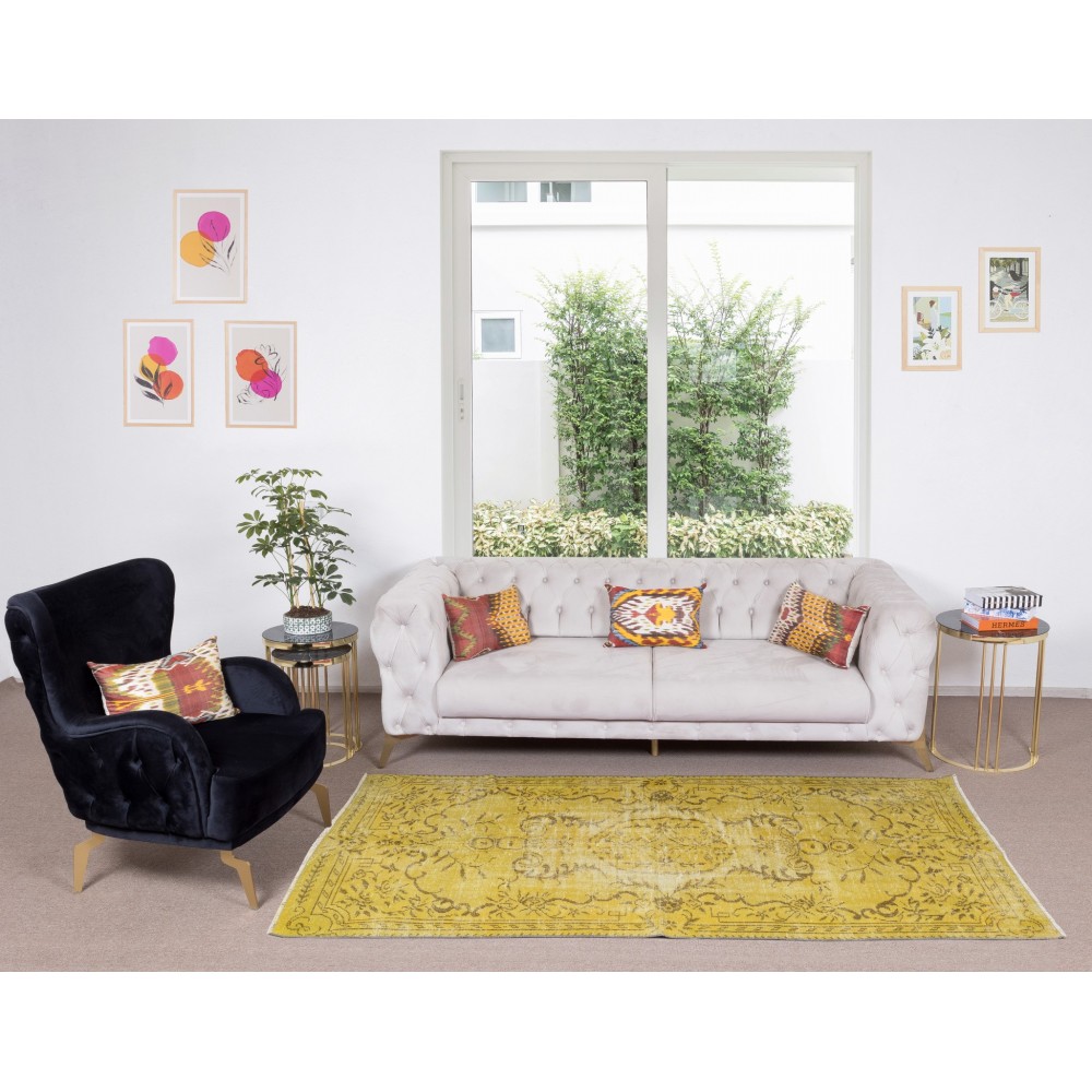 Vintage Turkish Wool Rug Over-Dyed in Yellow, Handmade Yellow Carpet with Medallion Design