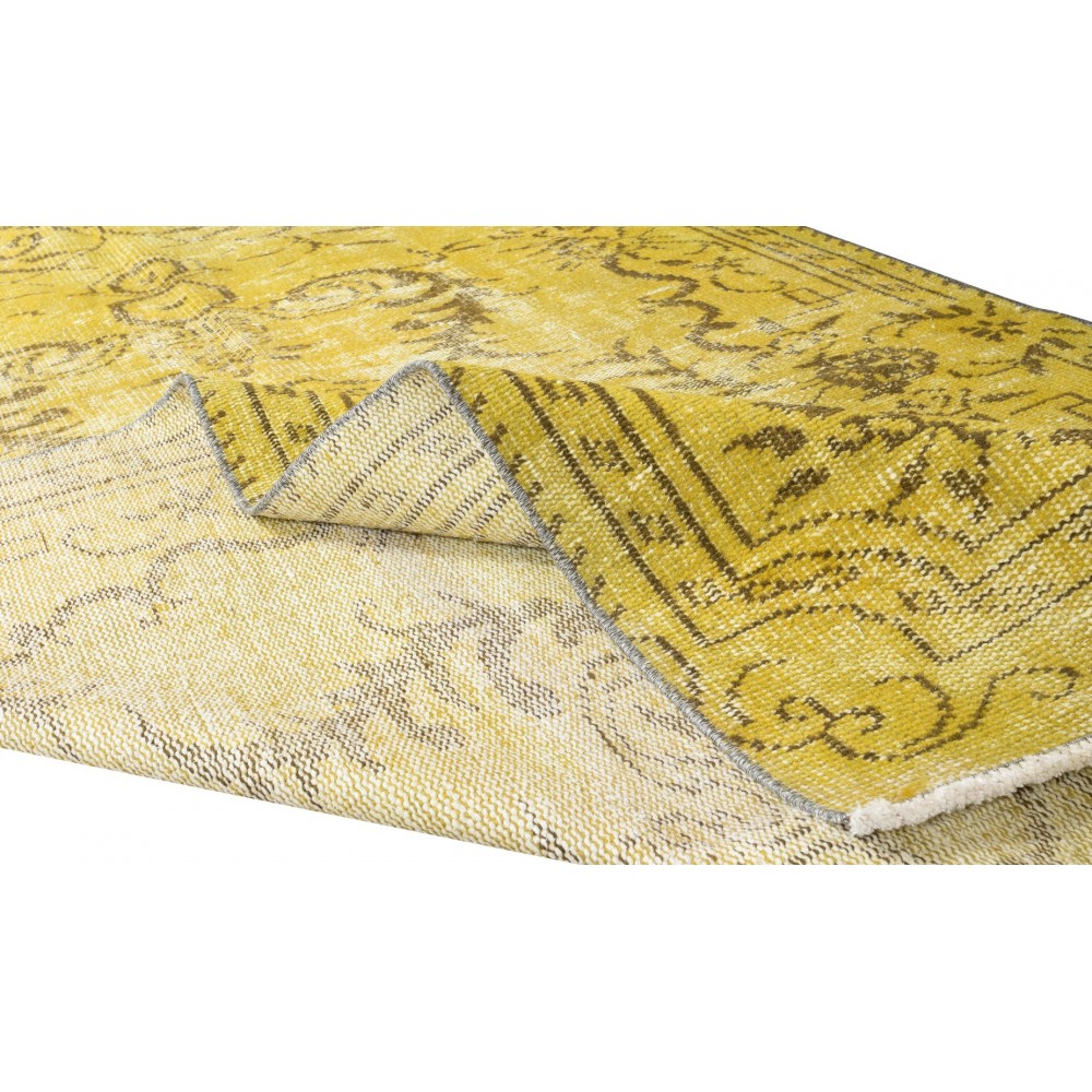 Vintage Turkish Wool Rug Over-Dyed in Yellow, Handmade Yellow Carpet with Medallion Design