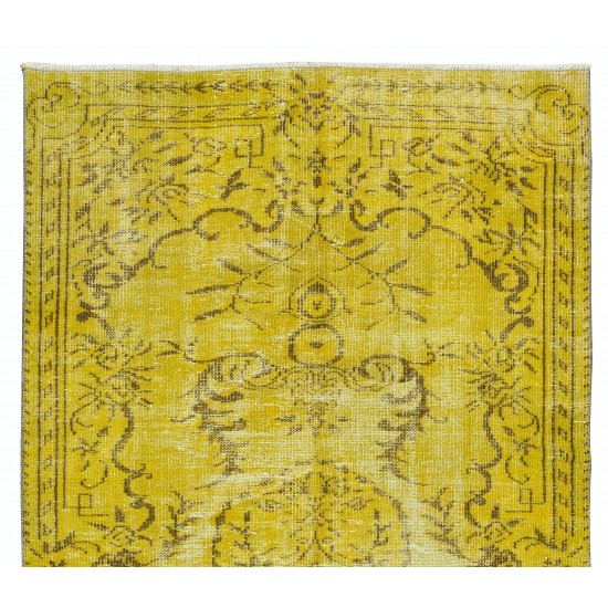Vintage Turkish Wool Rug Over-Dyed in Yellow, Handmade Yellow Carpet with Medallion Design
