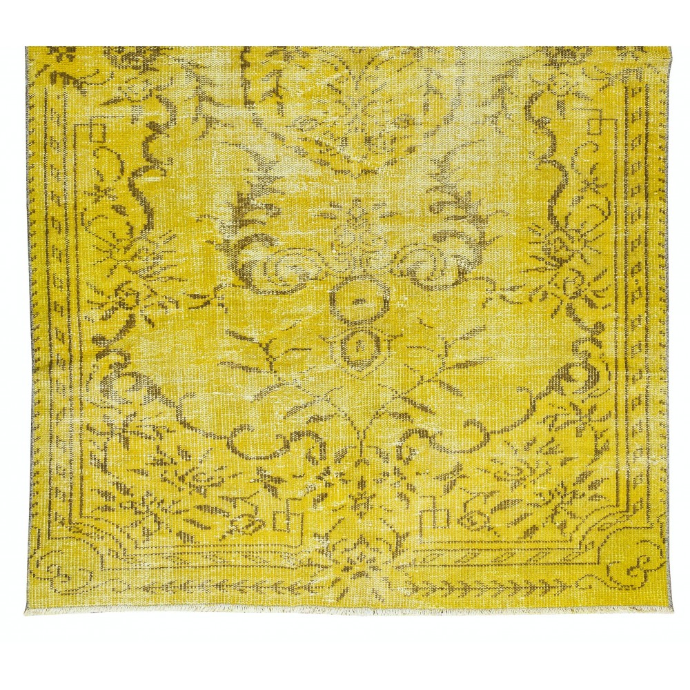 Vintage Turkish Wool Rug Over-Dyed in Yellow, Handmade Yellow Carpet with Medallion Design