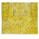 Vintage Turkish Wool Rug Over-Dyed in Yellow, Handmade Yellow Carpet with Medallion Design