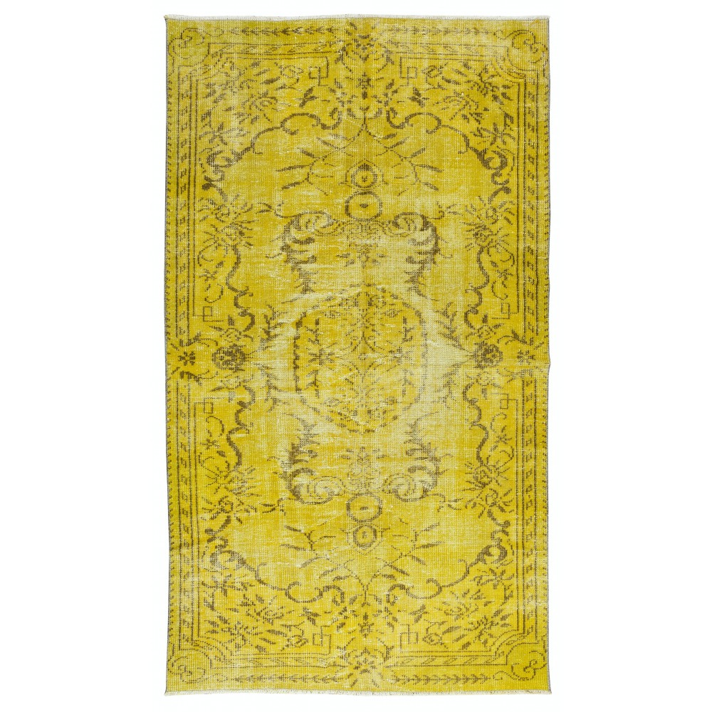 Vintage Turkish Wool Rug Over-Dyed in Yellow, Handmade Yellow Carpet with Medallion Design