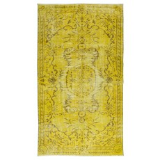 Vintage Turkish Wool Rug Over-Dyed in Yellow, Handmade Yellow Carpet with Medallion Design