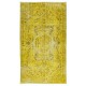 Vintage Turkish Wool Rug Over-Dyed in Yellow, Handmade Yellow Carpet with Medallion Design