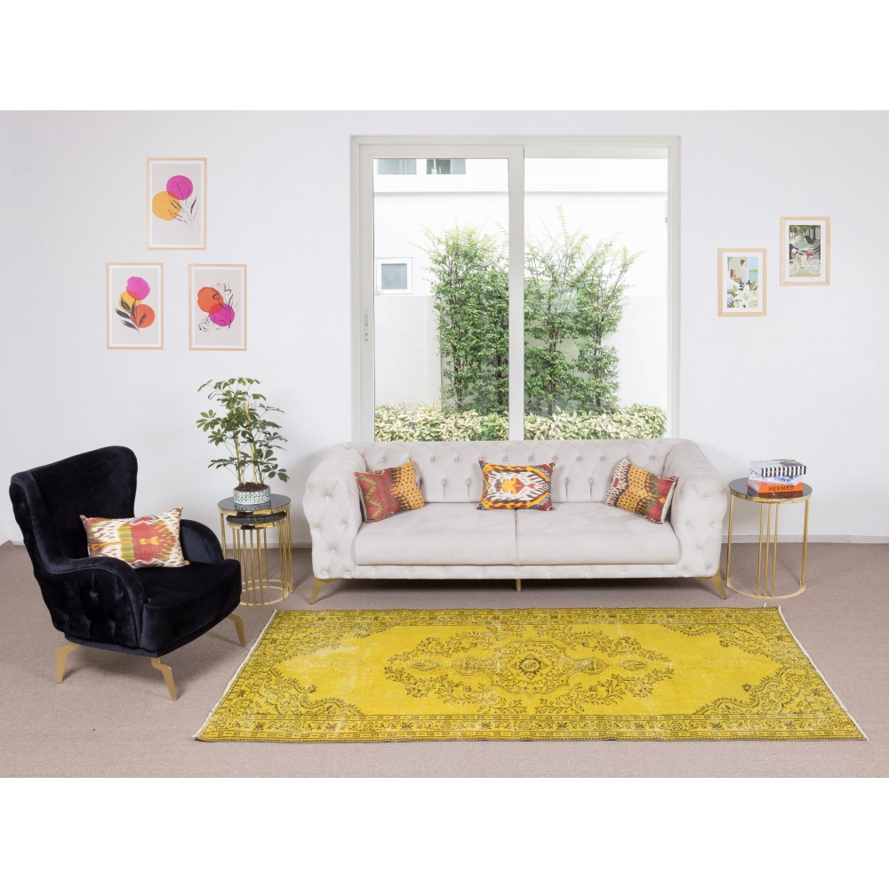 Vintage Turkish Wool Rug Over-Dyed in Yellow, Handmade Yellow Carpet for Modern Home & Office Decor