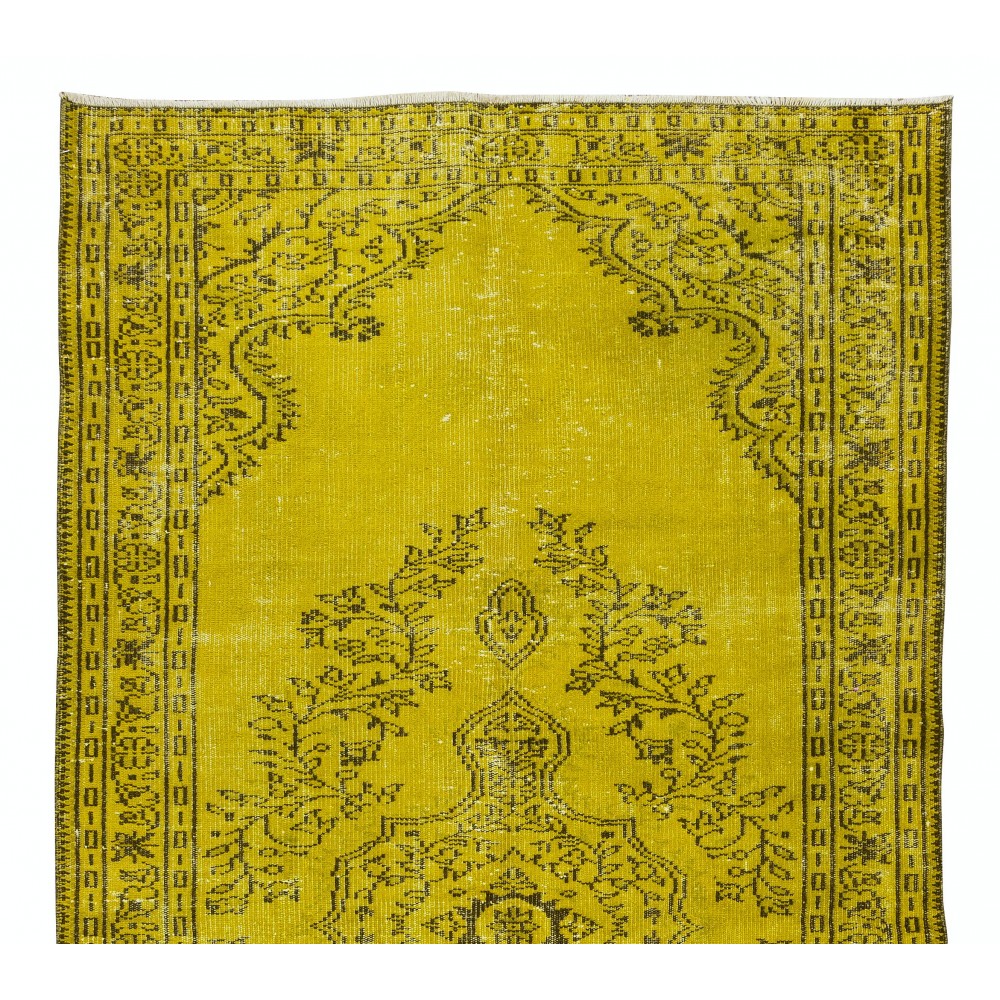 Vintage Turkish Wool Rug Over-Dyed in Yellow, Handmade Yellow Carpet for Modern Home & Office Decor