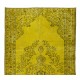 Vintage Turkish Wool Rug Over-Dyed in Yellow, Handmade Yellow Carpet for Modern Home & Office Decor