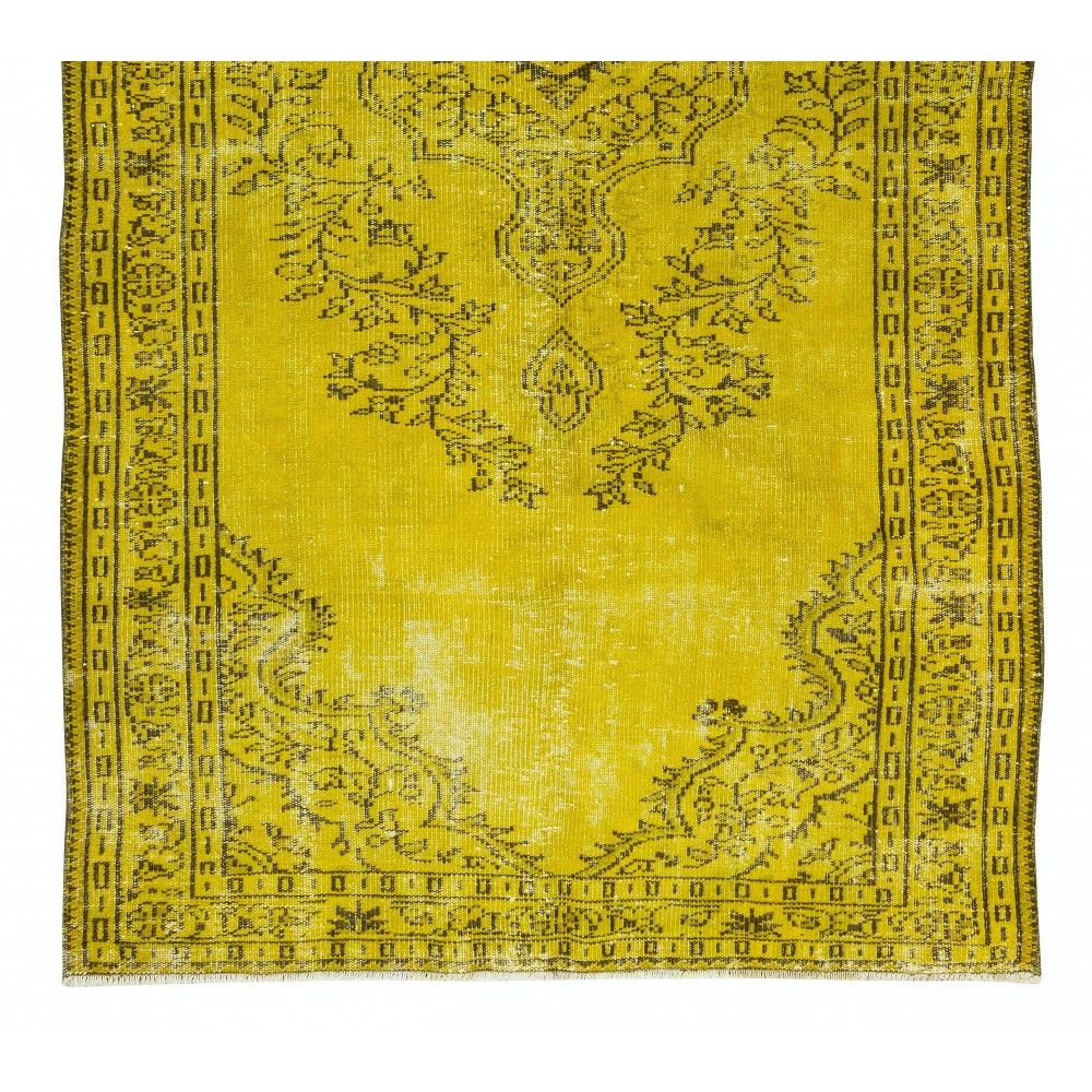 Vintage Turkish Wool Rug Over-Dyed in Yellow, Handmade Yellow Carpet for Modern Home & Office Decor