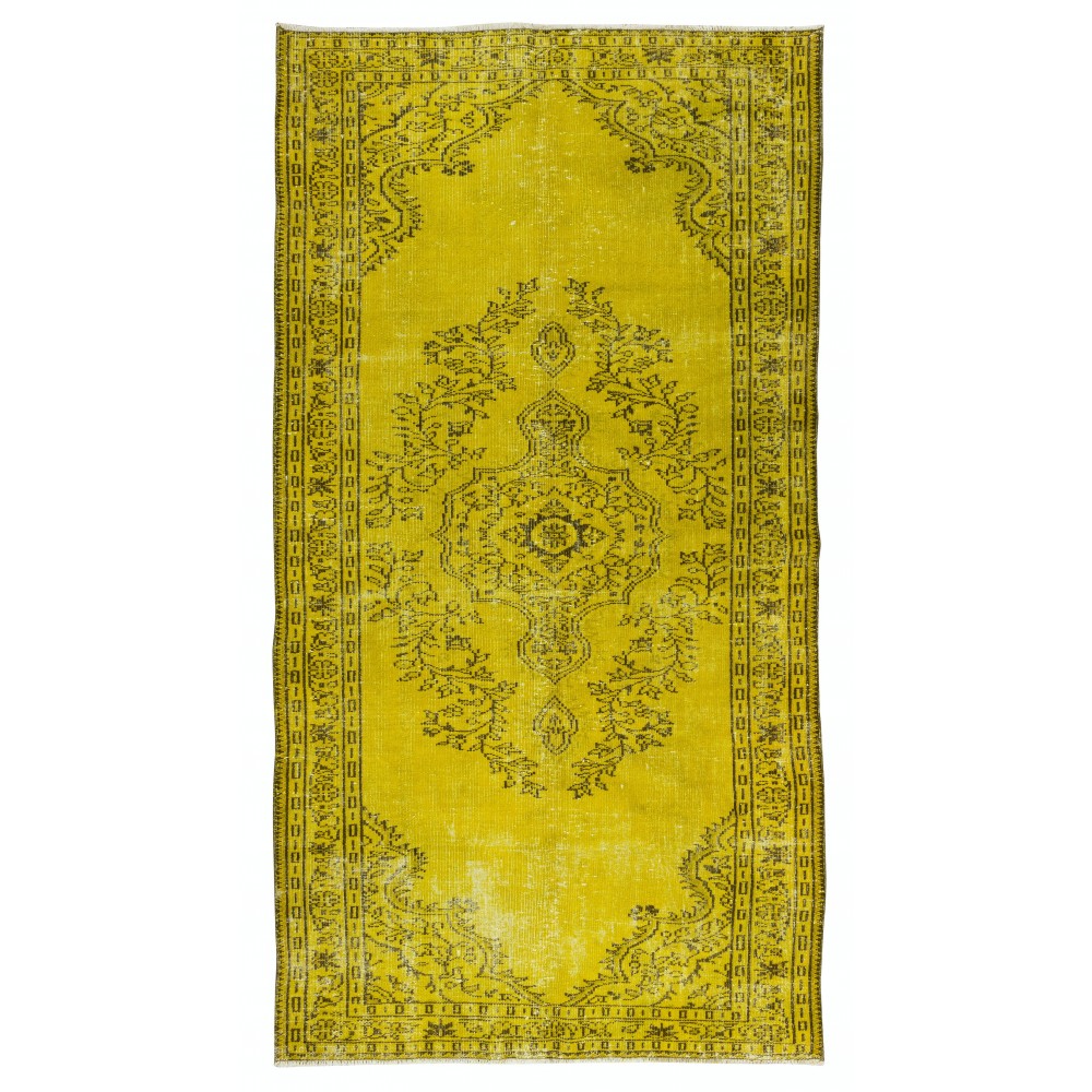 Vintage Turkish Wool Rug Over-Dyed in Yellow, Handmade Yellow Carpet for Modern Home & Office Decor