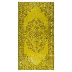 Vintage Turkish Wool Rug Over-Dyed in Yellow, Handmade Yellow Carpet for Modern Home & Office Decor