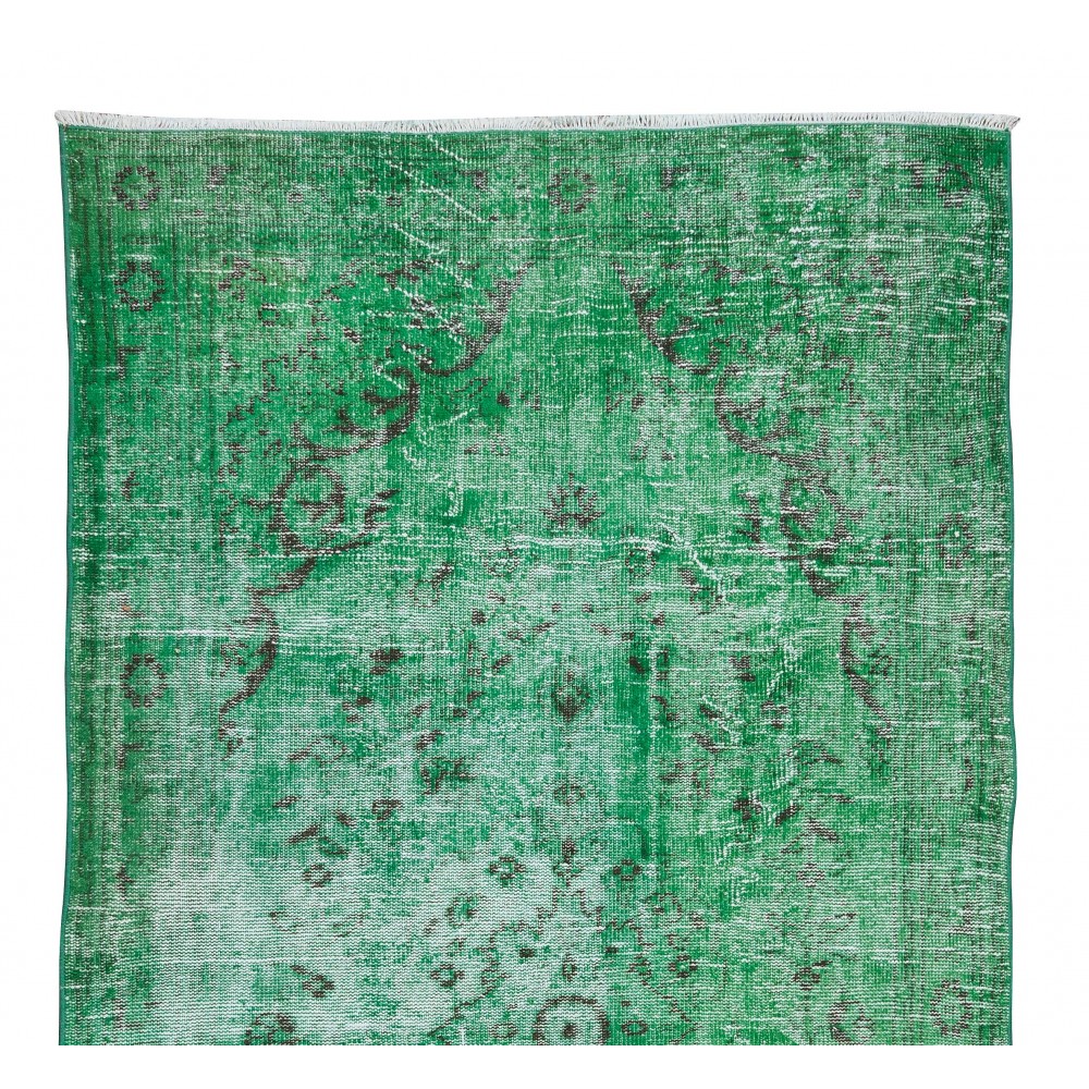 Vintage Hand Knotted Turkish Rug Over-Dyed in Green for Contemporary Home & Office
