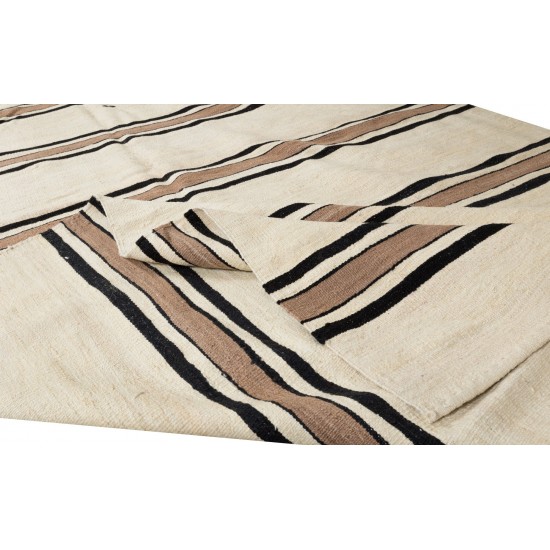 Long Striped Vintage Hand-Woven Turkish Runner Kilim in Cream & Brown